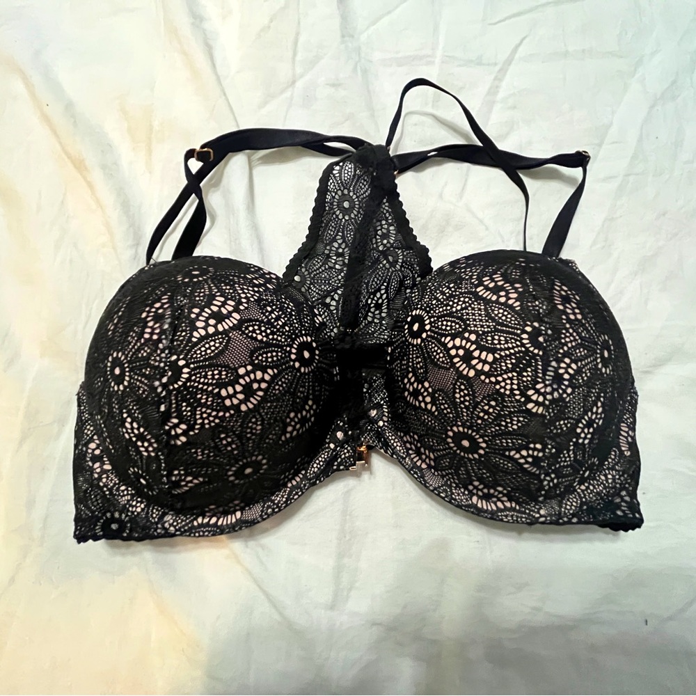 Black, lace racerback bra. Victoria’s Secret Push Up 32C